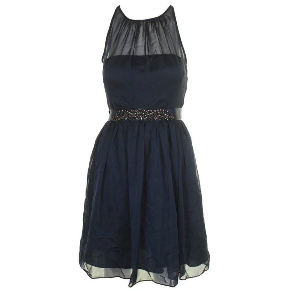 NWT Adrianna Papell Belted Chiffon Sleeveless Halter Short Dress Black 8